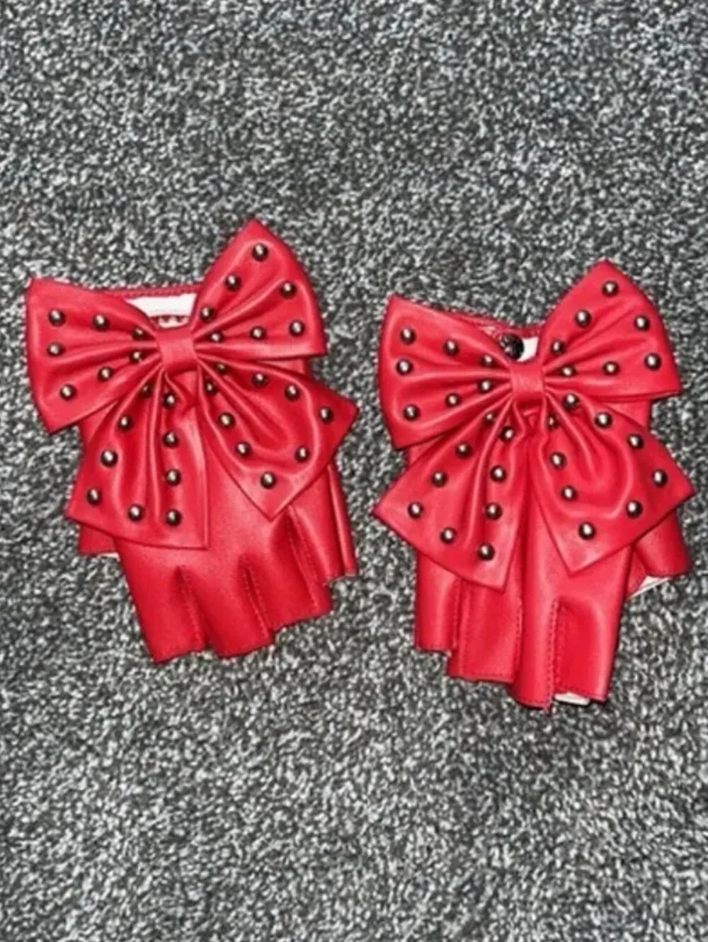 Red Studded Bow, Half-Finger, Snap-Button-Palm, Lined Faux Leather Gloves (OS)